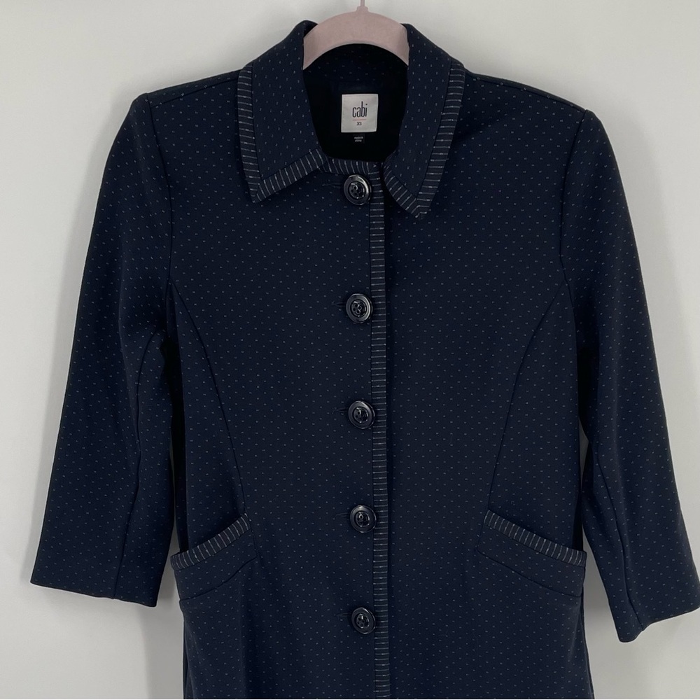 Cabi Carriage Navy Dot Stripe Detail Button Up Pockets Knit 3/4 Sleeve Jacket - Picture 4 of 13